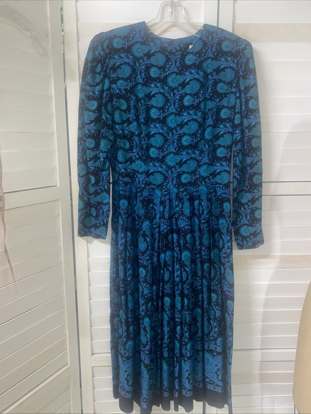 Vintage 80s Lanz Dress Women’s Multicolor Black Teal Floral Fit Flare Midi Med
